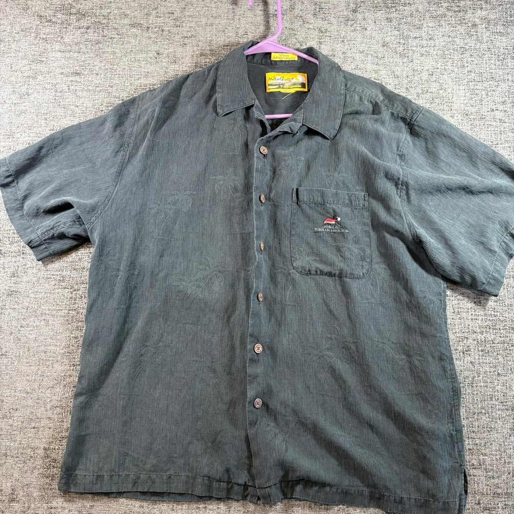 Reyn Spooner M. Field Shirt Mens L Gray Silk Linen Mele Kalikimaka Surfing Santa